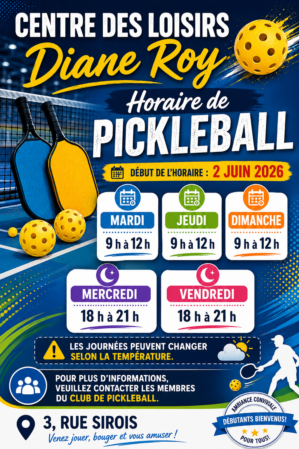 horaire Pickleball 2026